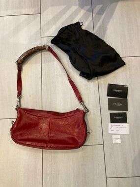 Yves Saint Laurent Red Leather Shoulder Bag with Brown Antler Handle